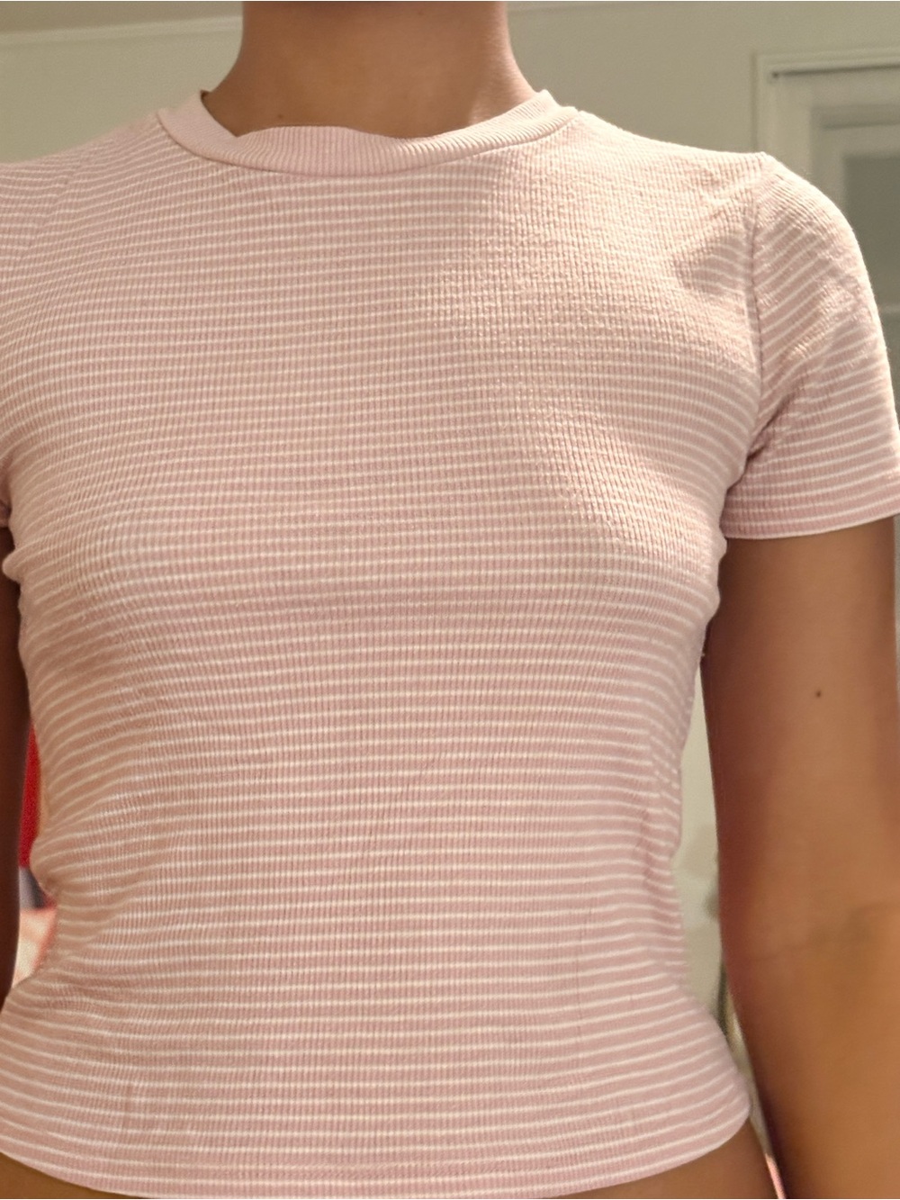 Women's Short Sleeve Ribbed Crewneck Top - Light Pink